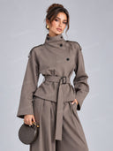 Minimalist Cropped Double-Breasted Tie-Waist Trench Coat Set