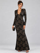 Sexy Floral Lace Plunge Neck Long Sleeve Maxi Dress