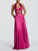Elegant Pleated Halter Neck Lace Satin Maxi Dress