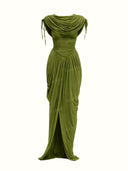 Elegant Draped Neck Ruched Split Maxi Dress