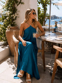 Elegant Beaded Halter Neck Flowy Maxi Dress