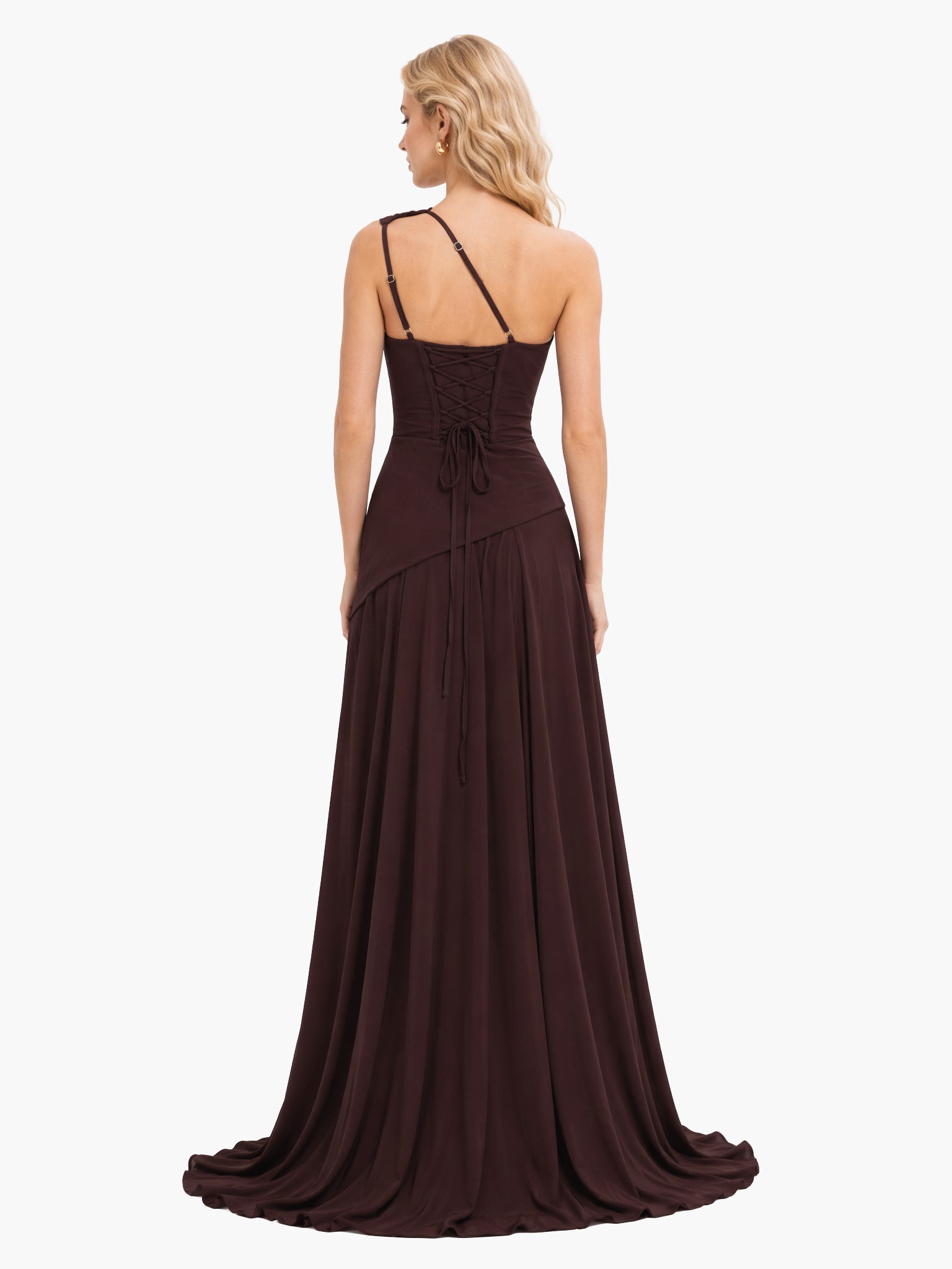 Elegant One-Shoulder Ruched Chiffon Tie-Waist Maxi Dress