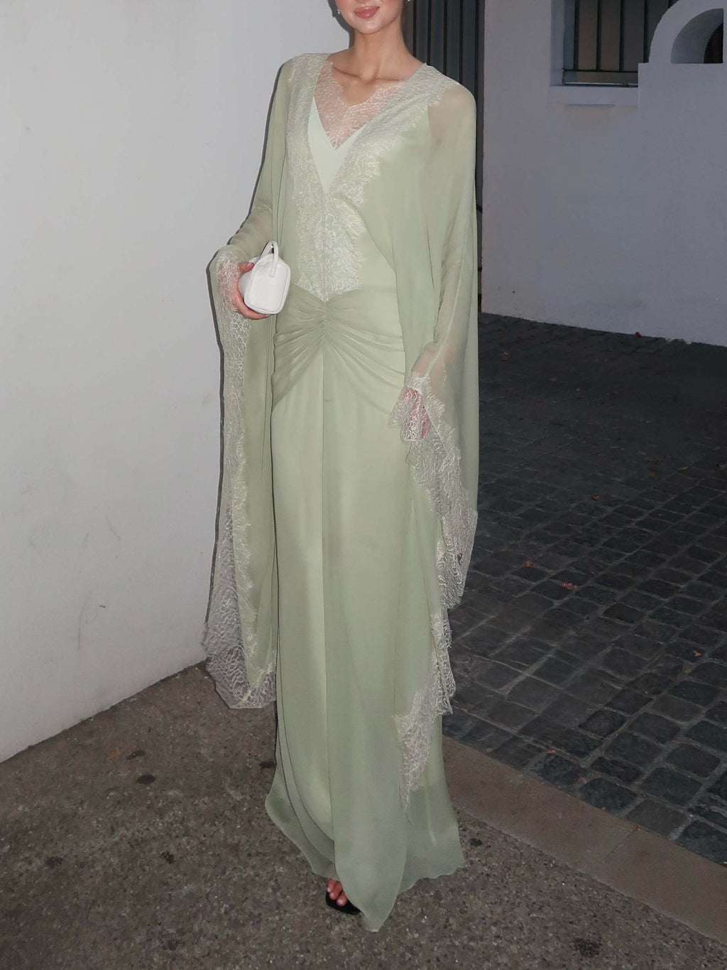 Elegant Lace-Trim Cape Sleeve Ruched Maxi Dress