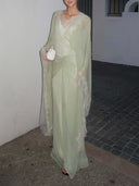Elegant Lace-Trim Cape Sleeve Ruched Maxi Dress