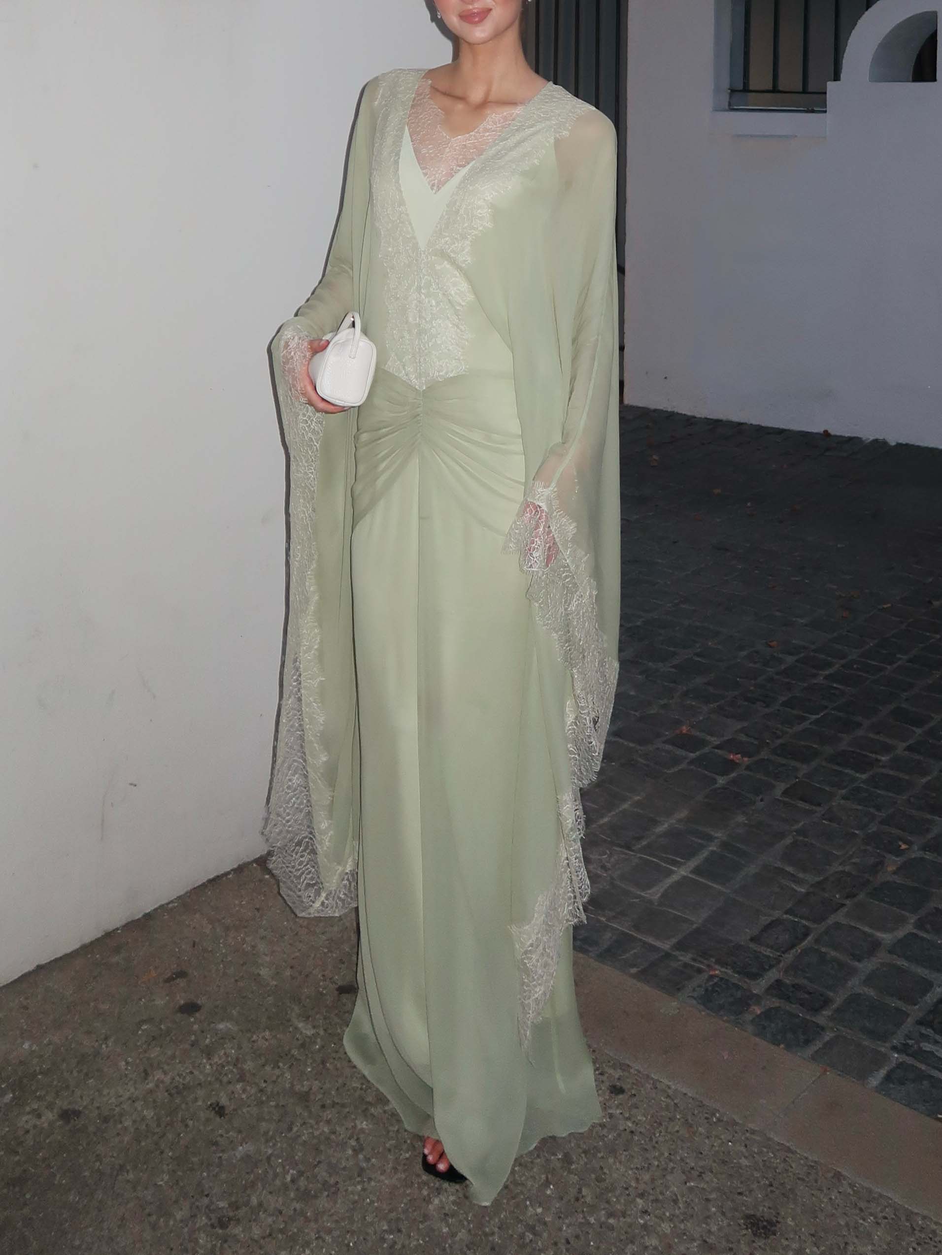 Elegant Lace-Trim Cape Sleeve Ruched Maxi Dress