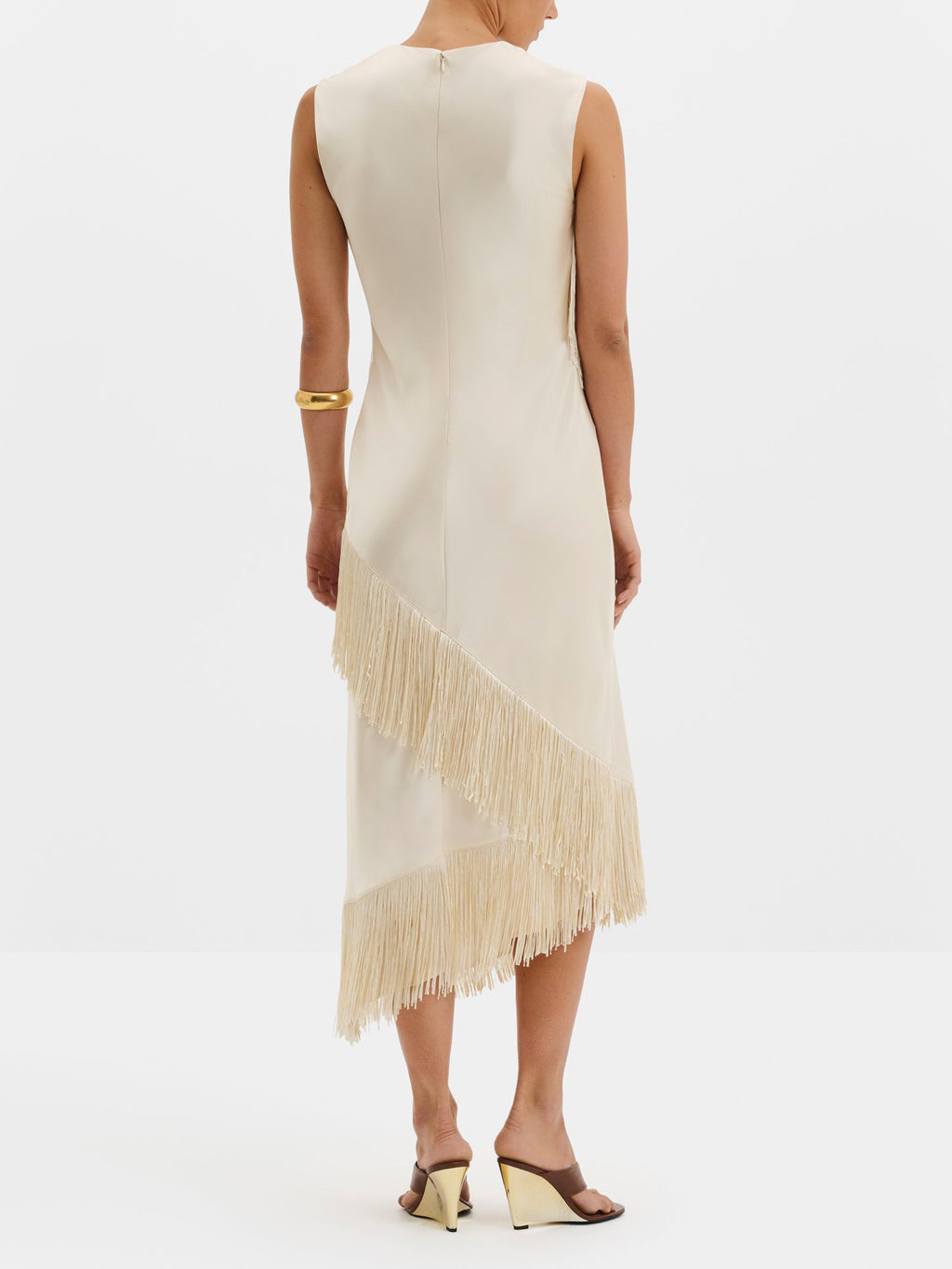 Elegant Beige Satin Fringe Sleeveless Midi Dress