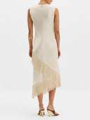 Elegant Beige Satin Fringe Sleeveless Midi Dress