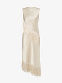 Elegant Beige Satin Fringe Sleeveless Midi Dress