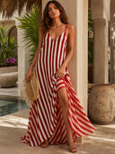 Exquisite Color-Block Striped Asymmetric Maxi Dress