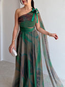 Elegant One-Shoulder Printed Tulle Cape Maxi Dress