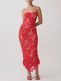 Spaghetti-Strap Crochet Tassel Midi Dress