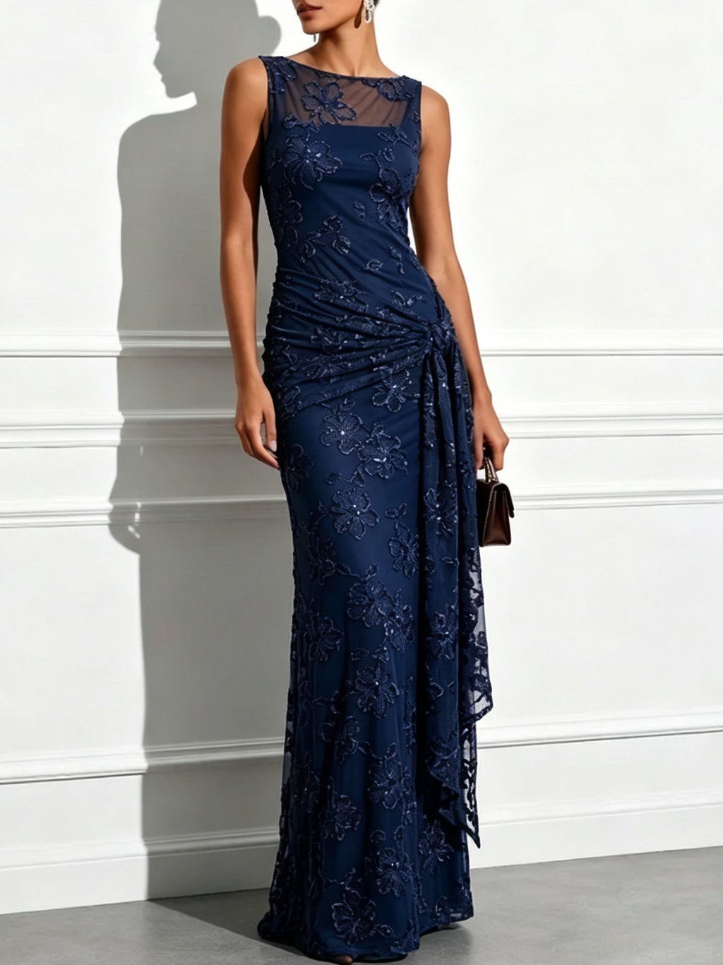 Elegant Floral Embroidered Mesh Ruched Maxi Dress