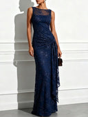 Elegant Floral Embroidered Mesh Ruched Maxi Dress