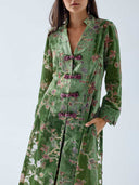 Retro Floral Print Frog Button Long Coat & Wide Leg Pants Set