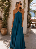 Elegant Beaded Halter Neck Flowy Maxi Dress