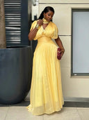 Elegant Pleated V-Neck Cape Sleeve Maxi Dress