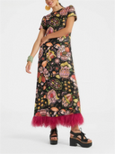 Floral Print Short Sleeve Feather Trim Maxi Dress