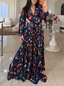 Elegant Navy Floral Print Cutout Maxi Dress