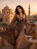 Sexy Lace Spaghetti Strap Sheer Chiffon Ruffle Maxi Dress