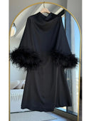 Elegant Feather-Trim Batwing Sleeve Maxi Dress