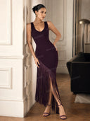 Elegant V-Neck Fringe Maxi Dress