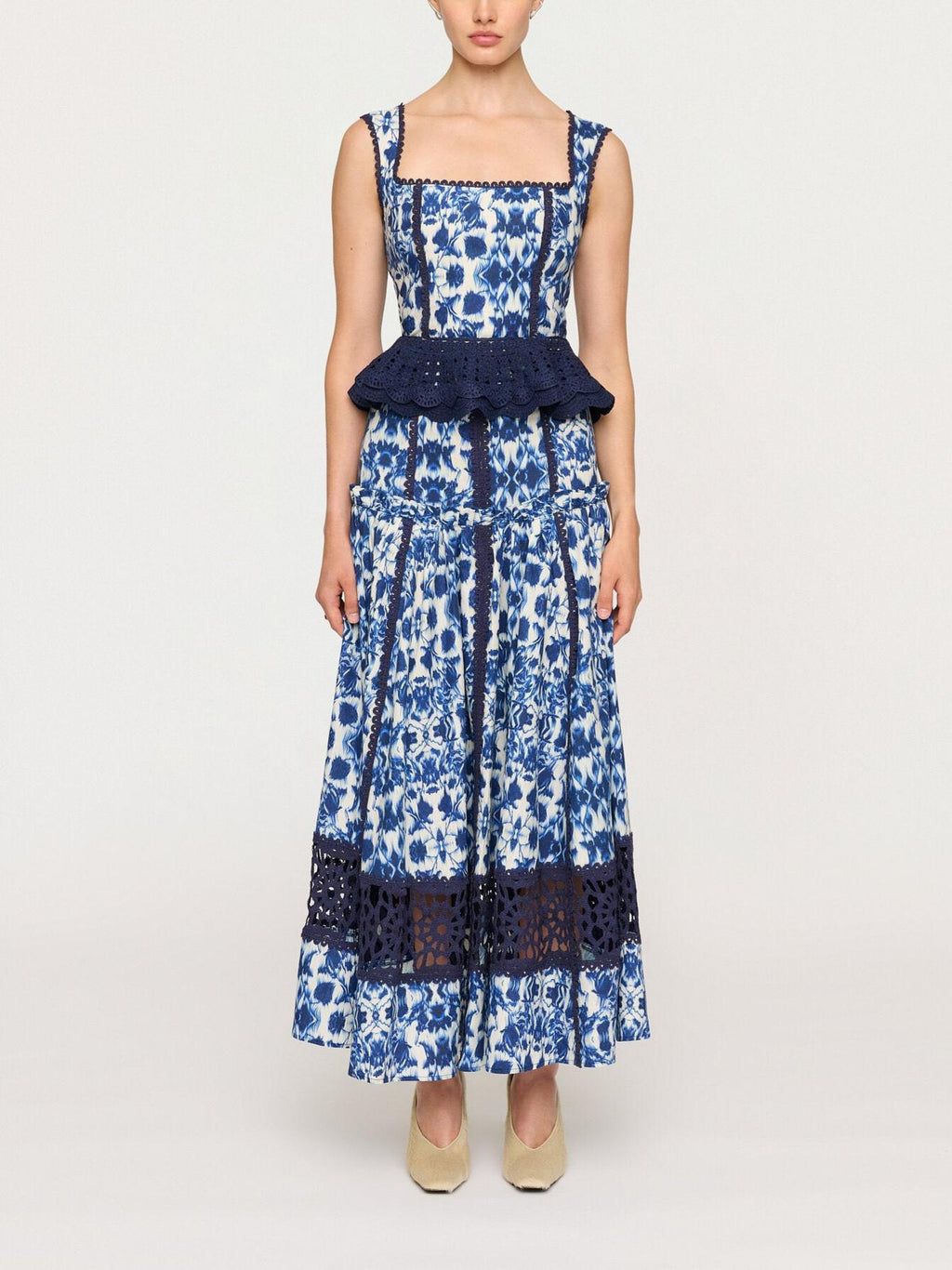 Floral Print Square Neck Peplum Lace Trim Two-Piece Set