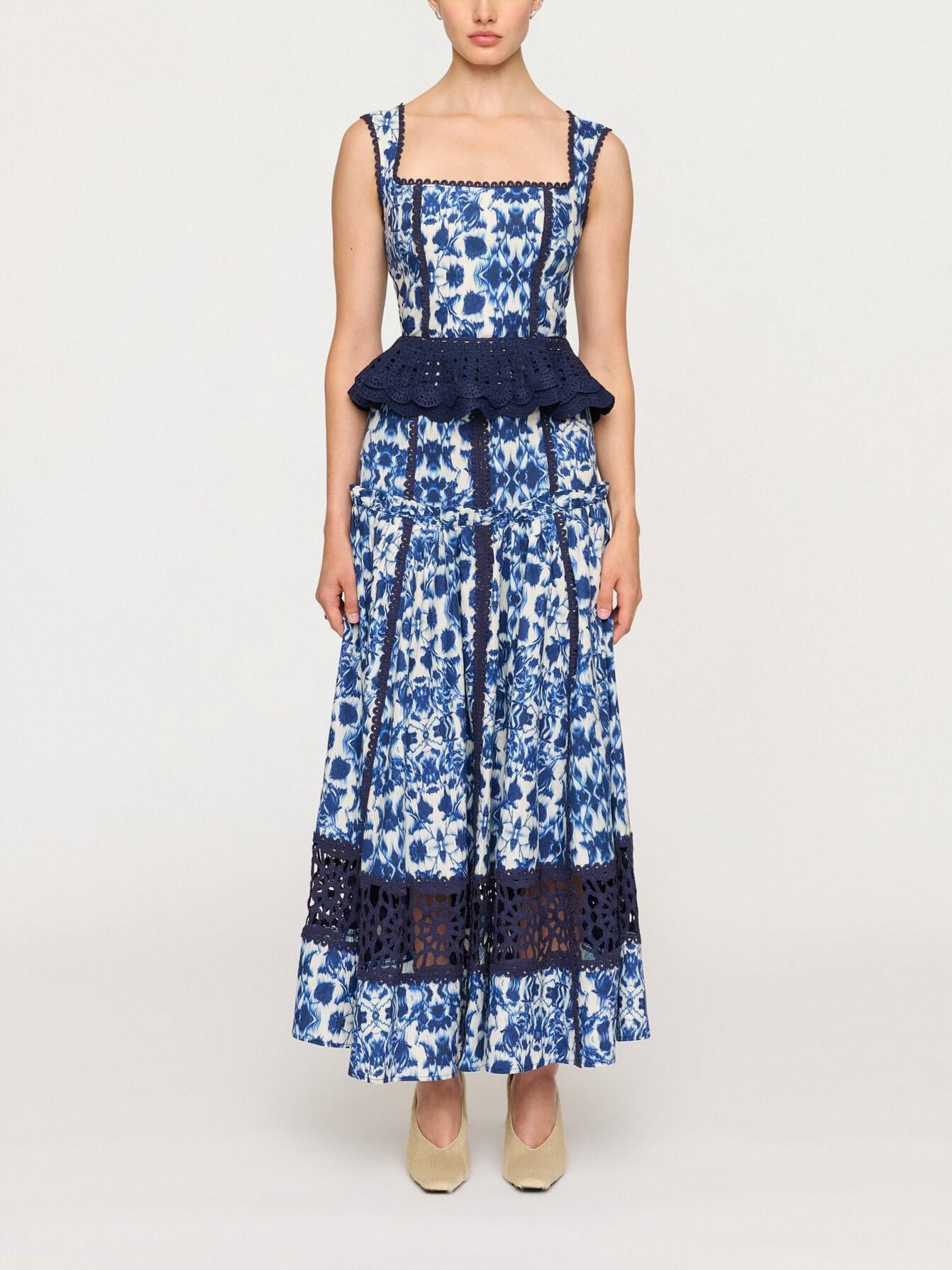 Floral Print Square Neck Peplum Lace Trim Two-Piece Set
