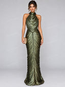 Elegant Metallic Halter Neck Ruched Maxi Dress