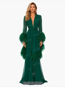 Elegant V-Neck Feather Cuff Flowing Chiffon Maxi Dress