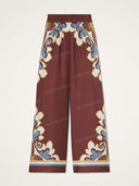 Retro Print Satin Feather Trim Top & Wide-Leg Pants Two-Piece Set