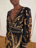 Retro Gold Print Puff Sleeve Ruffle Maxi Dress
