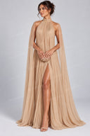 Pleated Cape High Neck Slit Maxi Dress