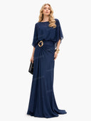 Elegant Blue Chiffon Cape Top & Wide-Leg Pants Two-Piece Set