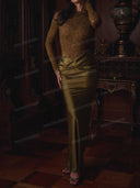 Elegant Lace Long Sleeve Ruched Waist Maxi Dress