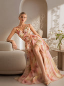 Elegant Abstract Print V-Neck Tie-Waist Maxi Dress