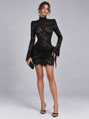 Elegant High Neck Lace Ruched Mini Dress