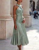 Elegant Halter Neck Ruched Flowing Party Midi Dress