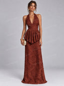 Elegant Halter Neck Lace Peplum Maxi Dress
