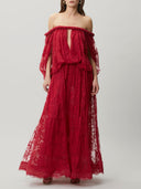 Sexy Braided Trim Deep V-Neck Flowing Lace Maxi Dress
