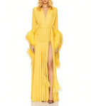 Elegant V-Neck Feather Cuff Flowing Chiffon Maxi Dress
