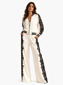 Casual Contrast Lace Bomber Jacket & Wide Leg Pants Two Piece Set