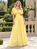 Elegant Pleated V-Neck Cape Sleeve Maxi Dress