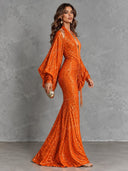 Sequin Plunge Neck Ruched Cape Sleeve Maxi Dress