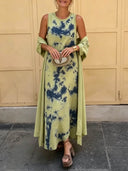 Retro Tie Dye Satin Sleeveless Maxi Dress Two Piece Set