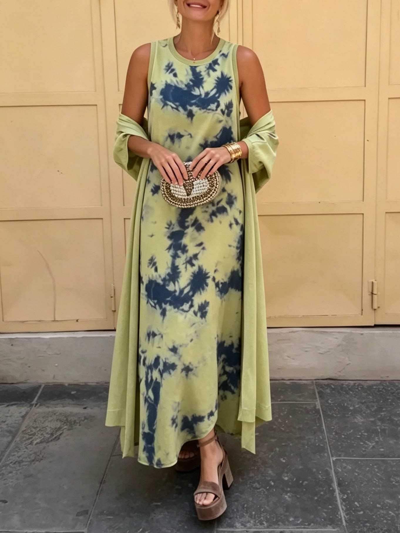 Retro Tie Dye Satin Sleeveless Maxi Dress Two Piece Set