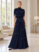 Elegant High Neck Pleated Cape Sleeve Maxi Dress