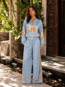 Exquisite Satin Horse Print Zip Jacket & Wide-Leg Pants Two-Piece Set