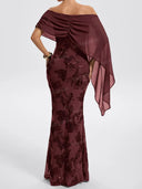 Elegant Off Shoulder Cape Sequin Mermaid Maxi Dress