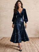 Elegant Sequin Velvet V-Neck Long Sleeve Midi Dress