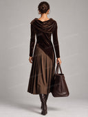 Elegant Velvet Draped Hooded Midi Dress
